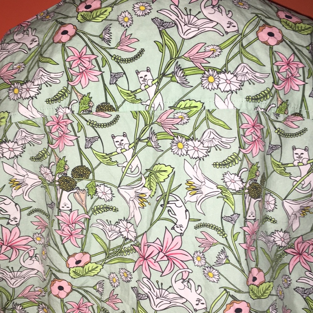 Flowers & Cats Green Button Up Short Sleeve Shirt Size Small 4/6 Cat Lady Blouse - Picture 9 of 9